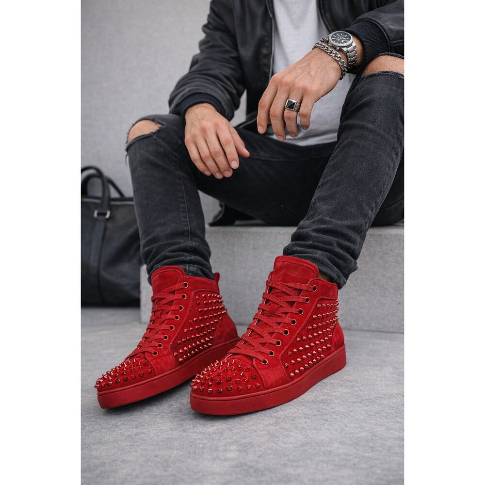 Christian Louboutin Louis Spikes High Top Sneakers Red Suede Mens NIB Size 46